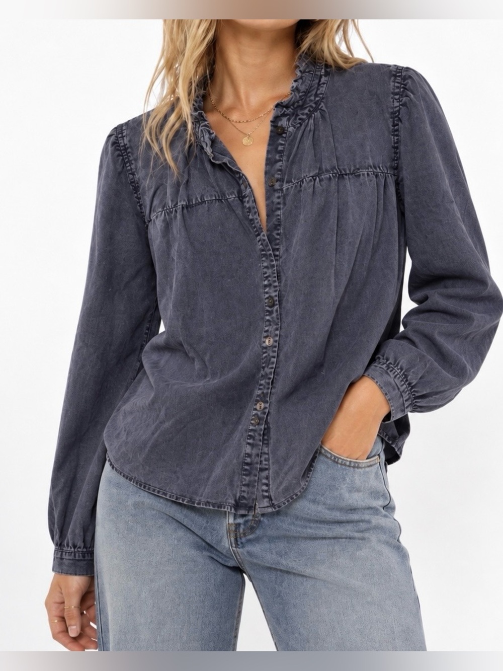 Rails Chambray Ruffle Neck Puff-Sleeve Peasant Blouse - Size S